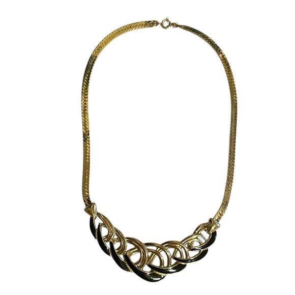 Vintage Trifari Statement Gold Tone Black Enamel Serpentine Choker Necklace - Picture 3 of 15